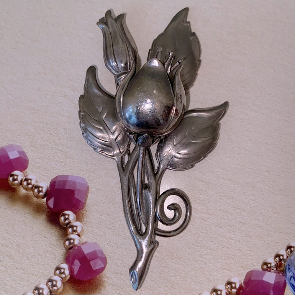 Vintage Tulips Brooch Pin Silver Tone